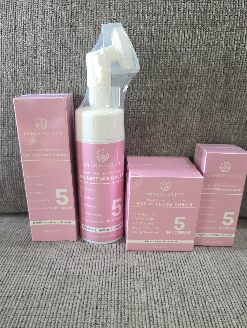Hydravescent Age Defense 5-in-1 Skincare Collection- Toner, Mousse, Cream, Serum